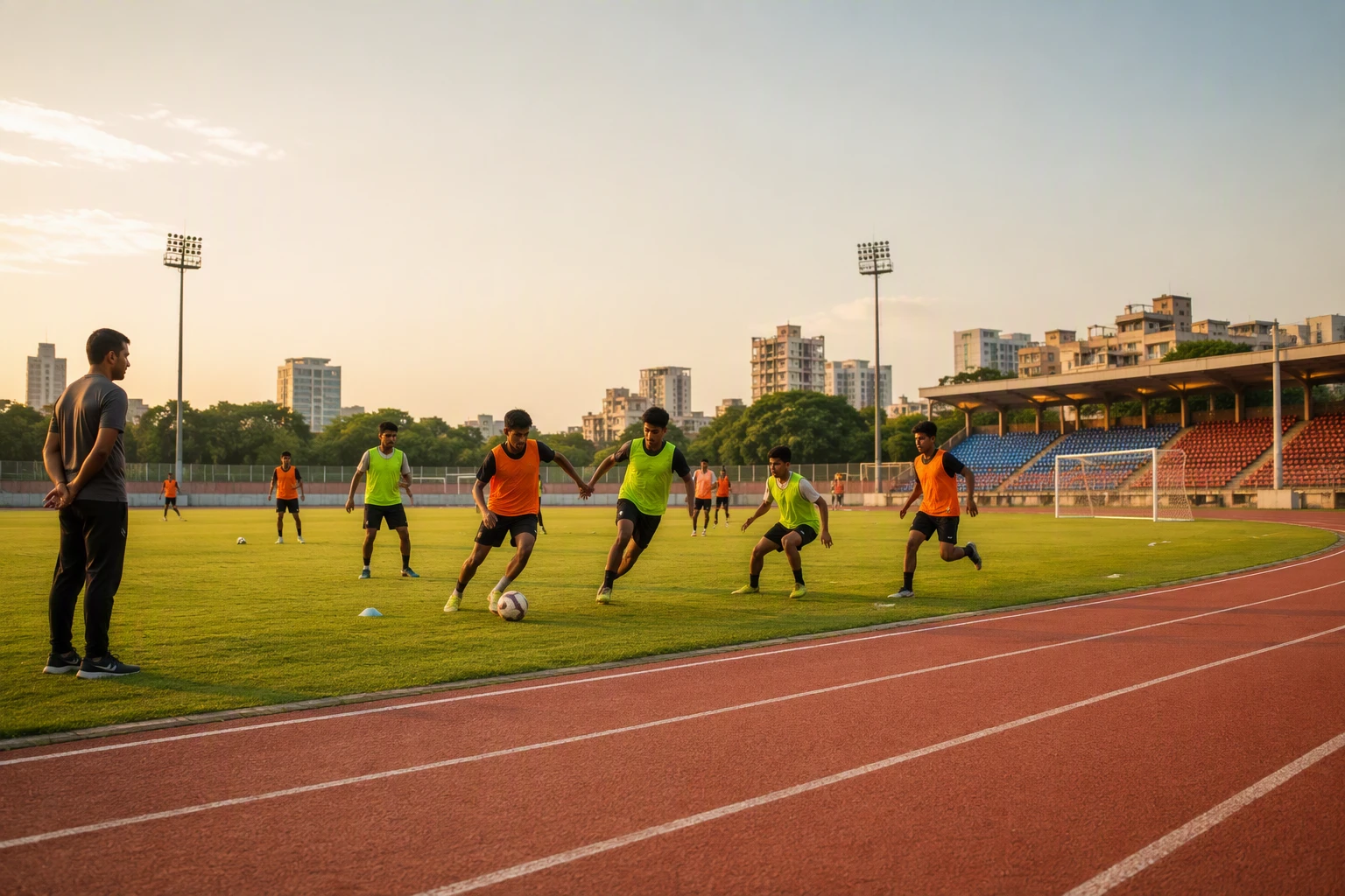 Young footballers training beside stadium athletics track
