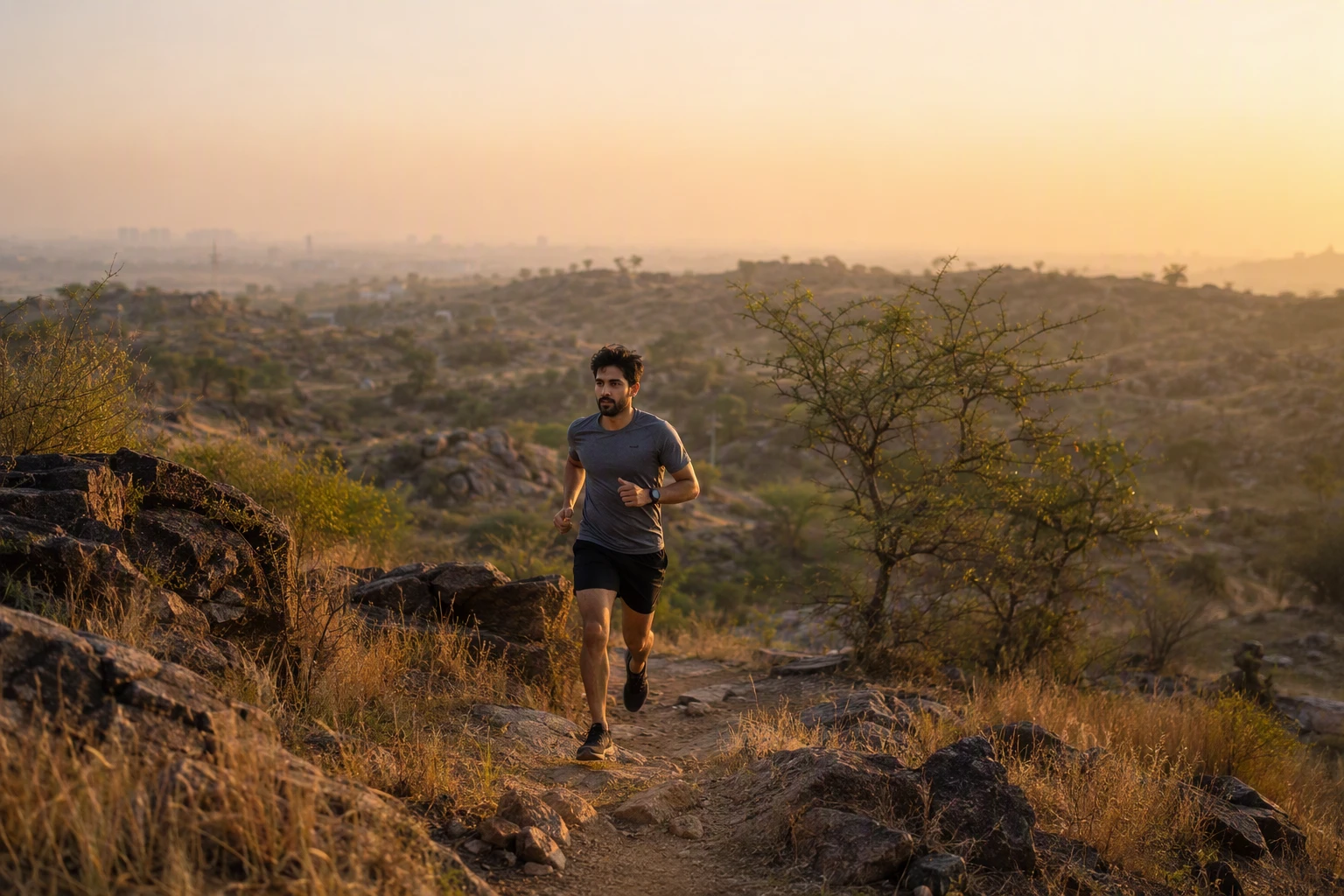 Trail runner on rocky Aravalli grassland path