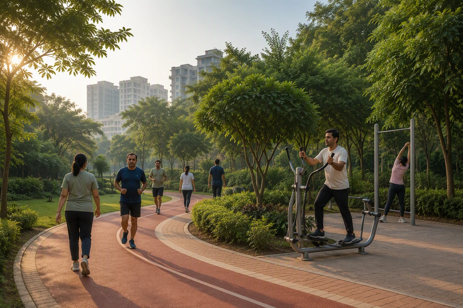Morning walkers circling a leafy fitness track