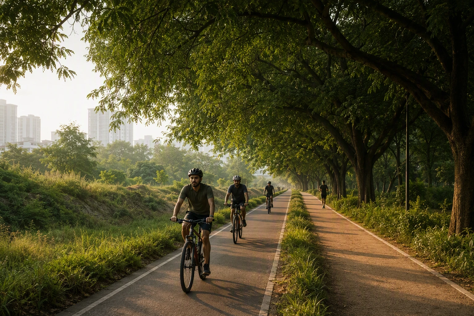 Cyclists riding beneath trees on a green corridor