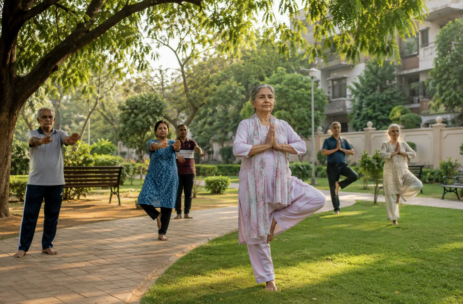 Morning yoga under shade trees in park