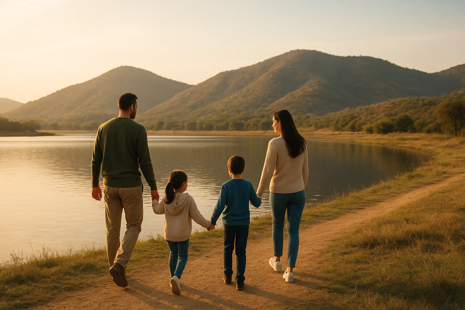 Family stroll by Damdama Lake with Aravalli hills