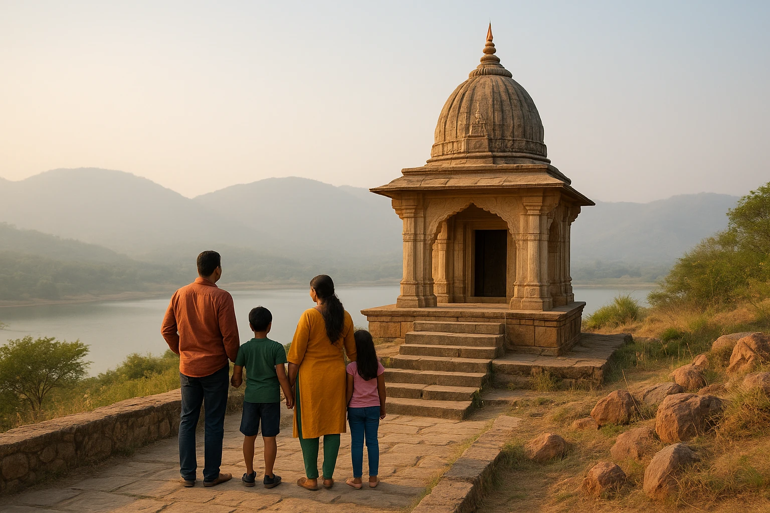 Family resting by Sohna temple steps