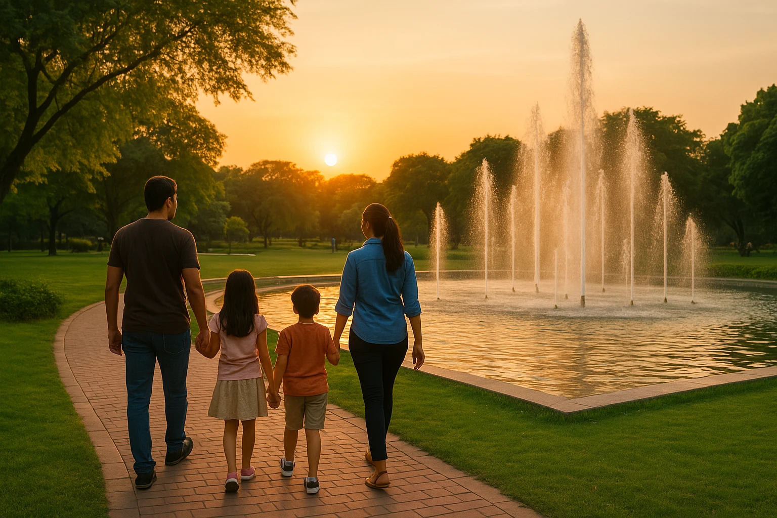 Families strolling beside fountains at sunset