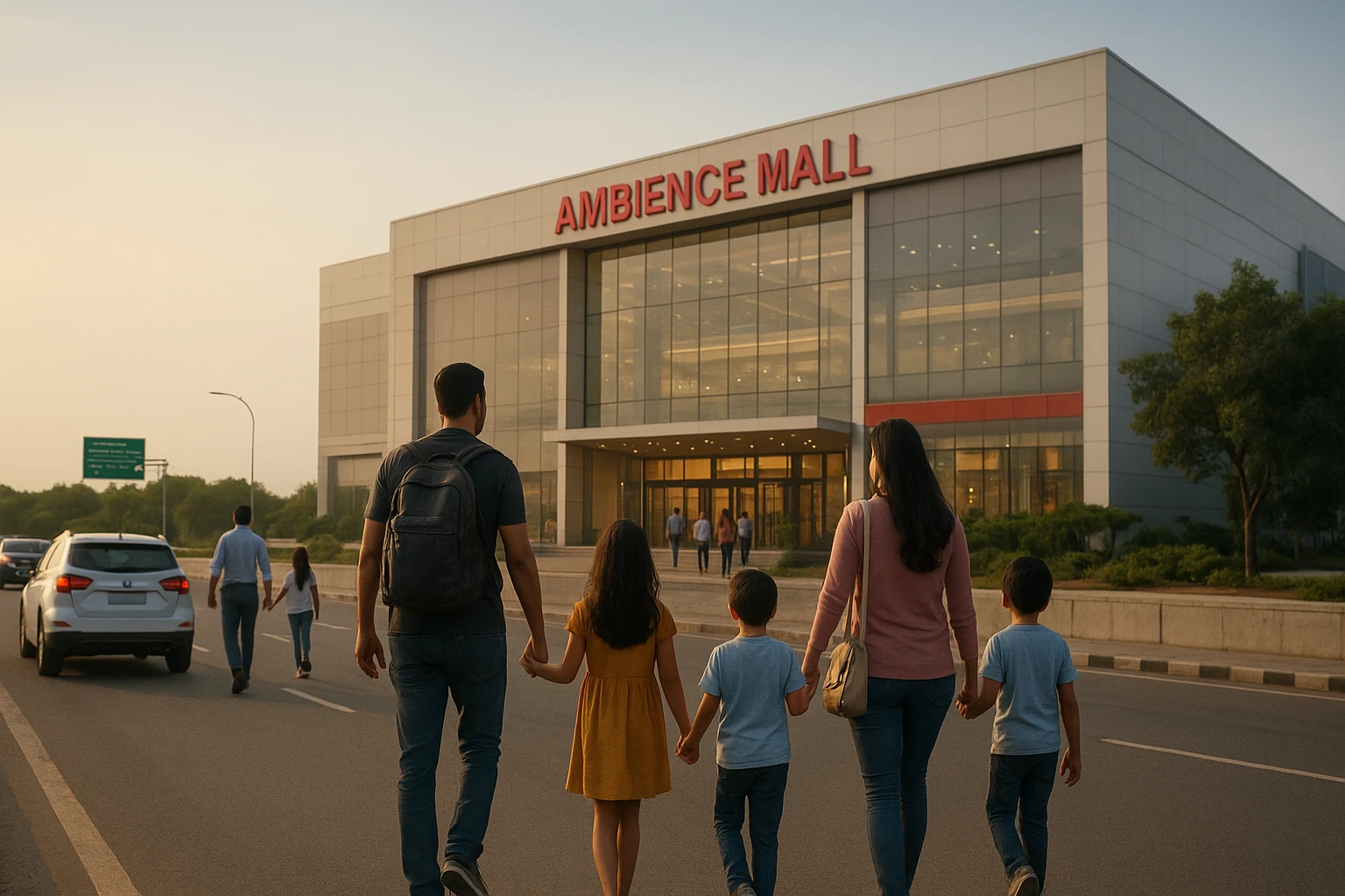 Families entering mall entrance near NH-8