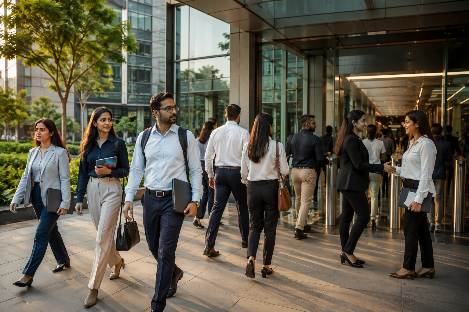 Professionals entering Cyber Greens office towers