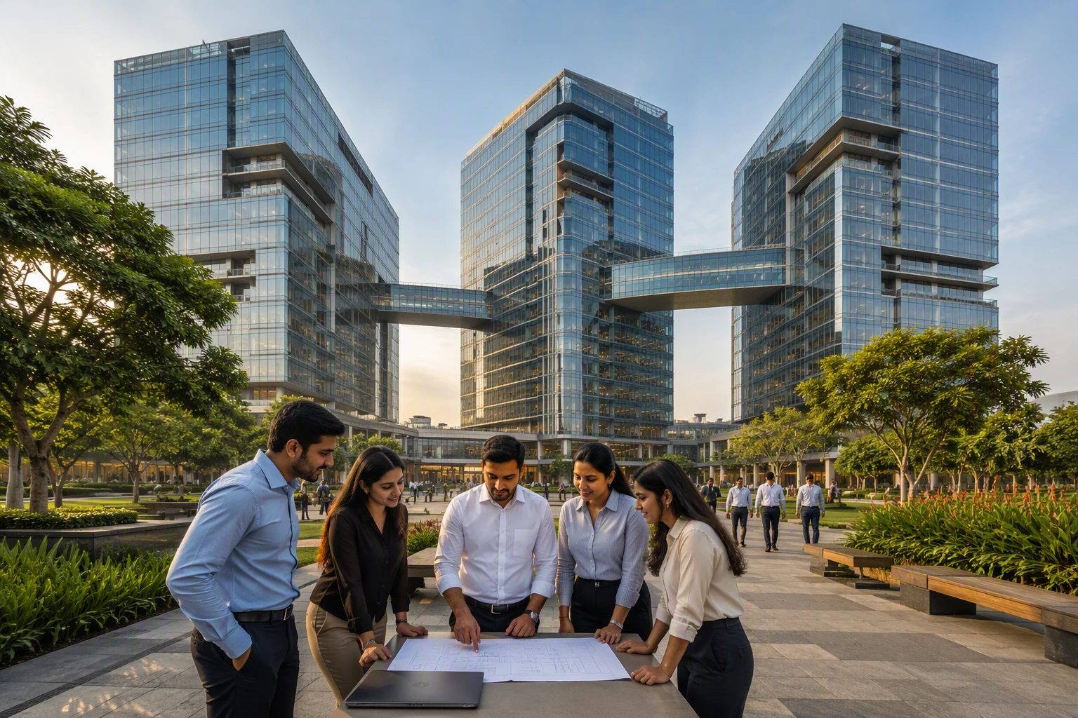 Colleagues walking between Infinity tower blocks