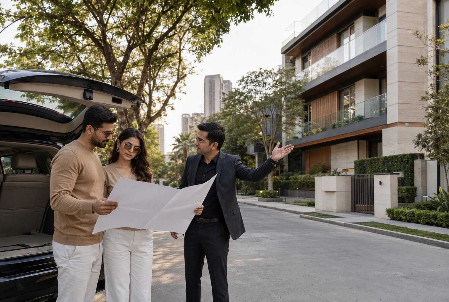 Couple reviewing floor plans on a quiet tree-lined street