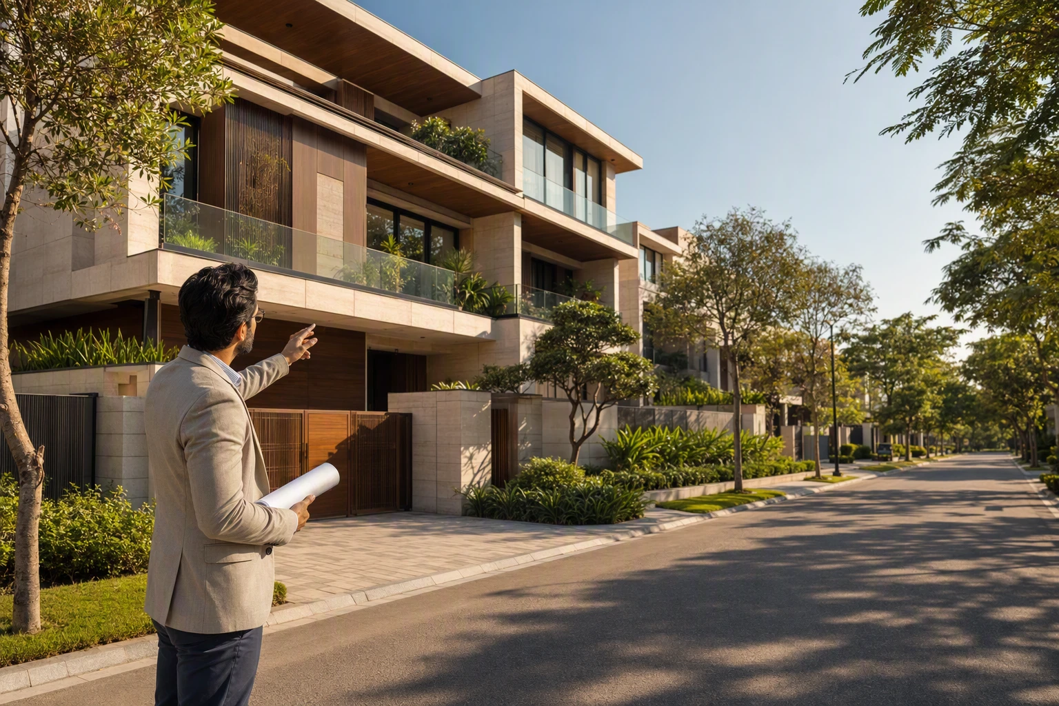 Architect reviewing sunlit landscaped builder floor facade