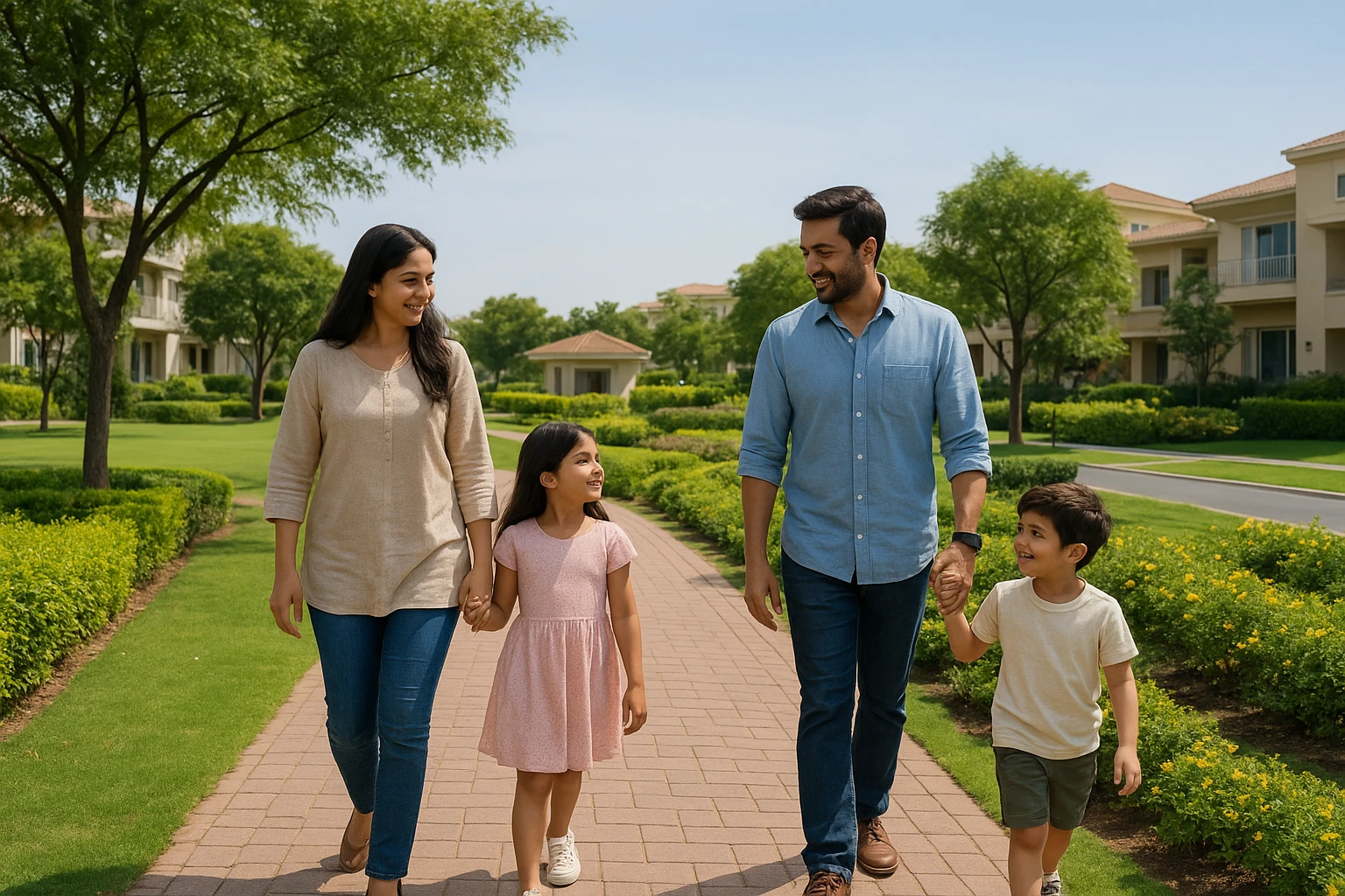 Family strolling past low-rise homes in green park