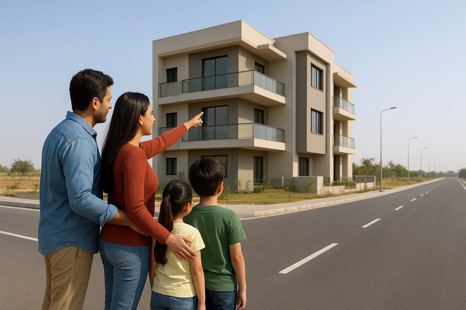 Family viewing new low-rise builder floor