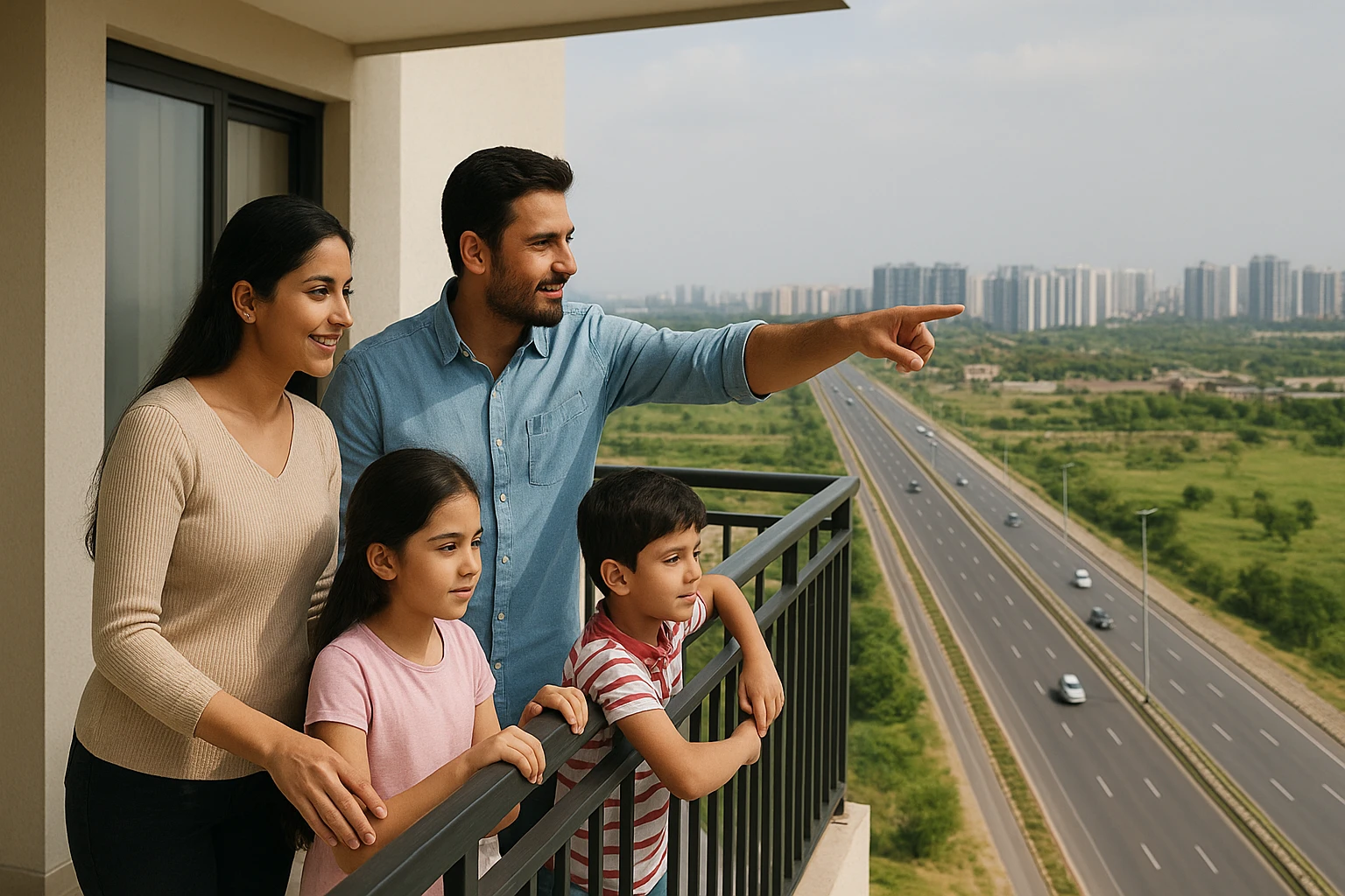 Family viewing highway from new balcony
