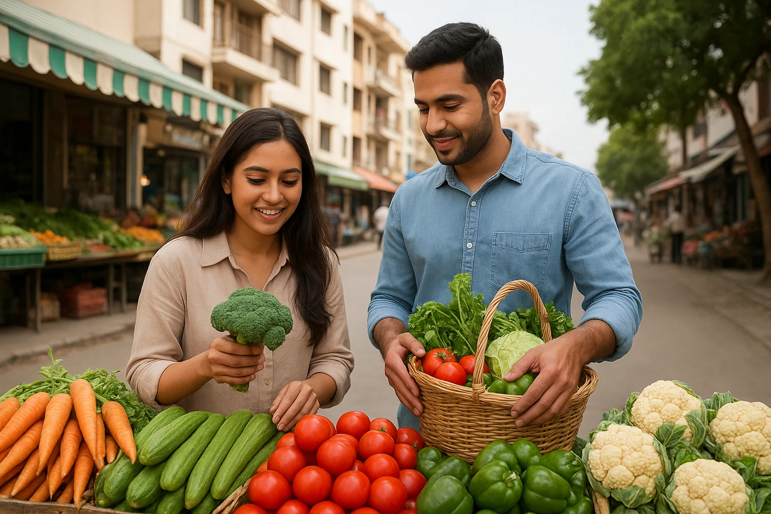 Parents selecting produce at Sector 50 market