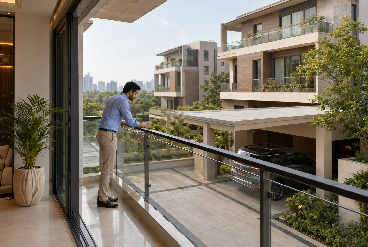 Sunlit balcony inspection at finished Gurgaon floor