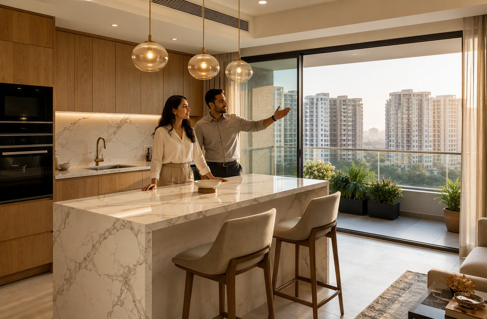 Couple viewing marble kitchen in bright apartment