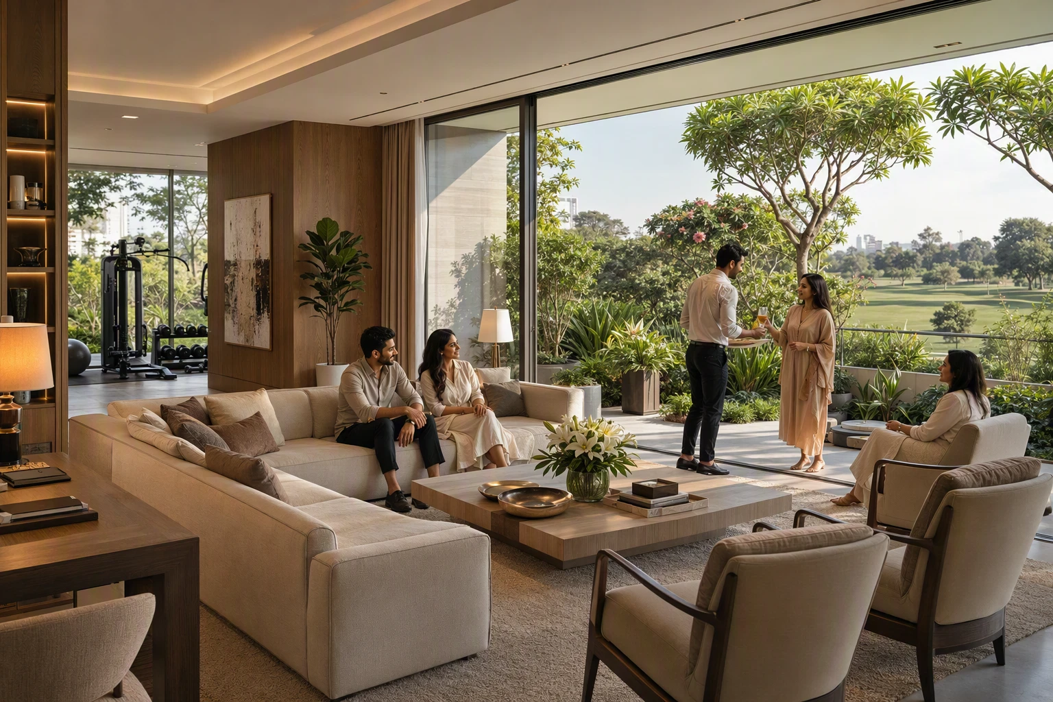 Family hosting guests in a landscaped lounge