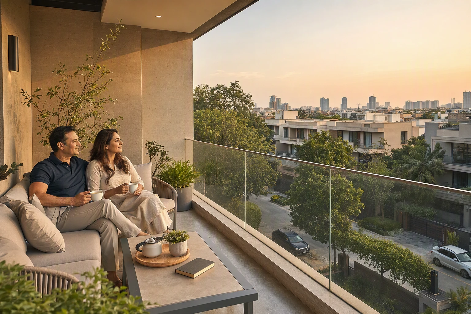 Parents relaxing on a leafy balcony overlook