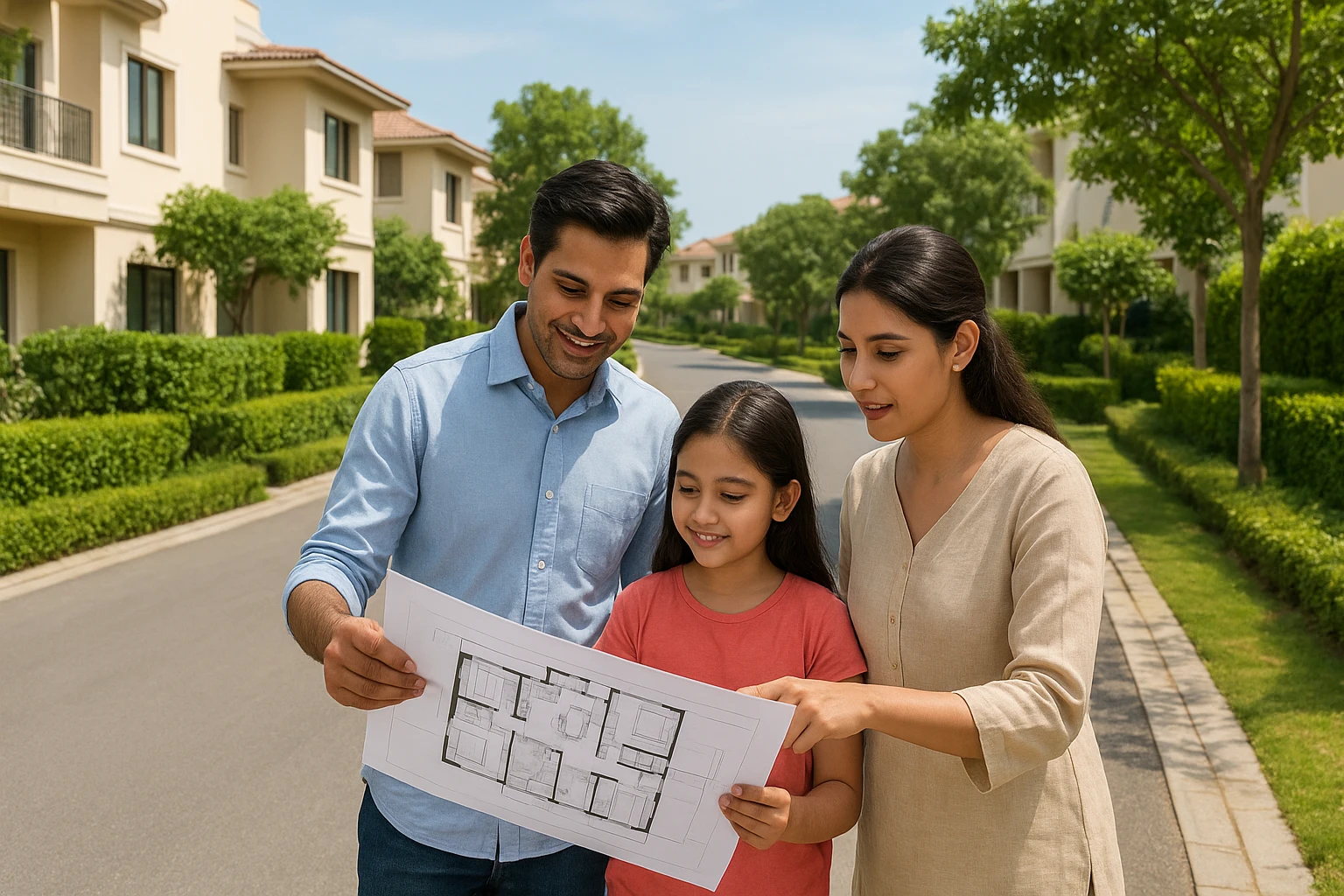 Family reviewing floor plans on tree-lined street