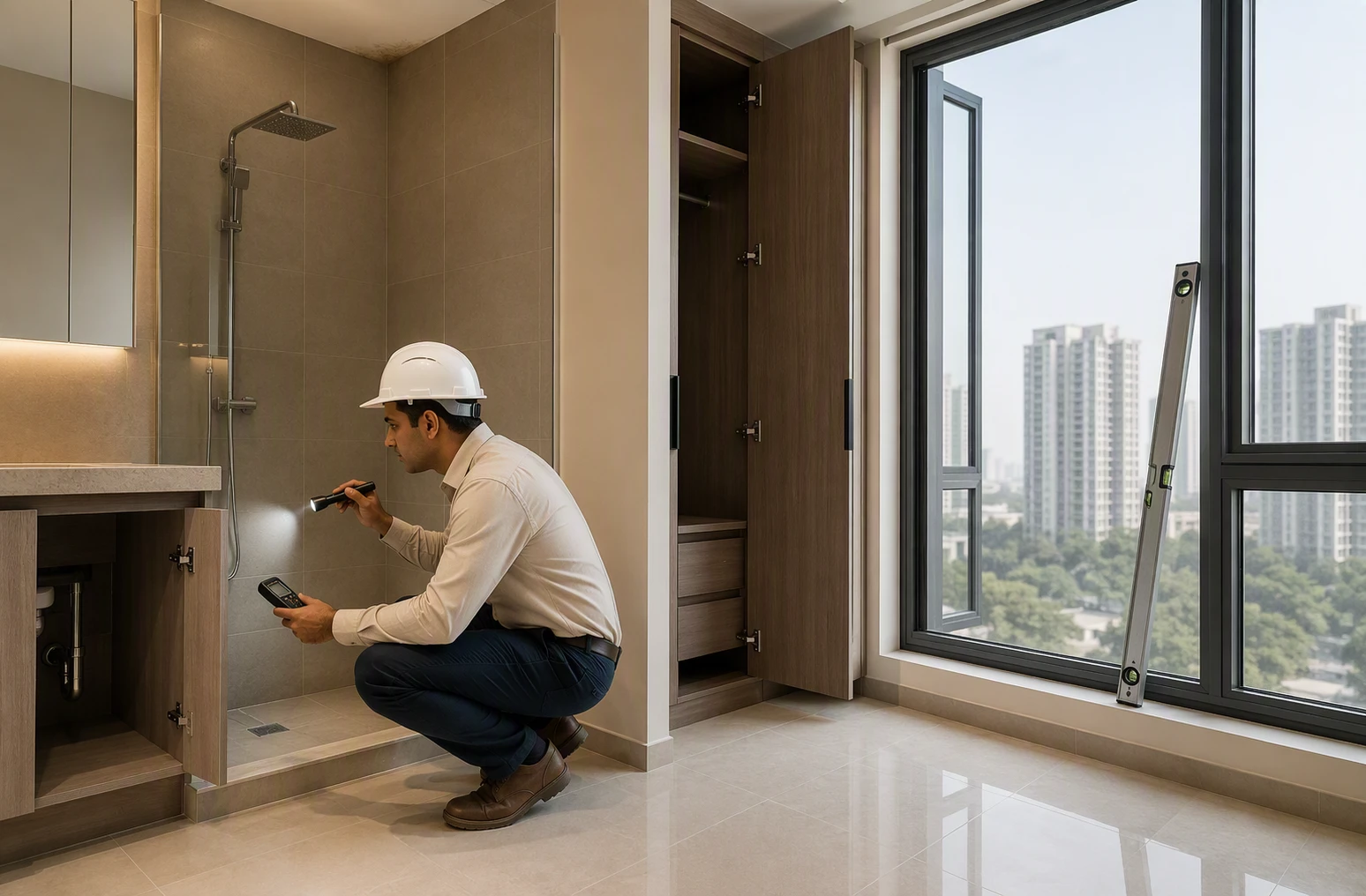 Civil engineer checking bathroom tiles and window alignment