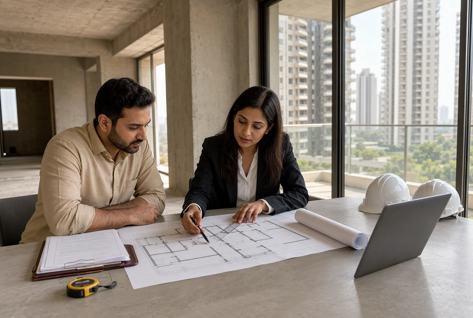 Buyer and lawyer reviewing floor plans on site