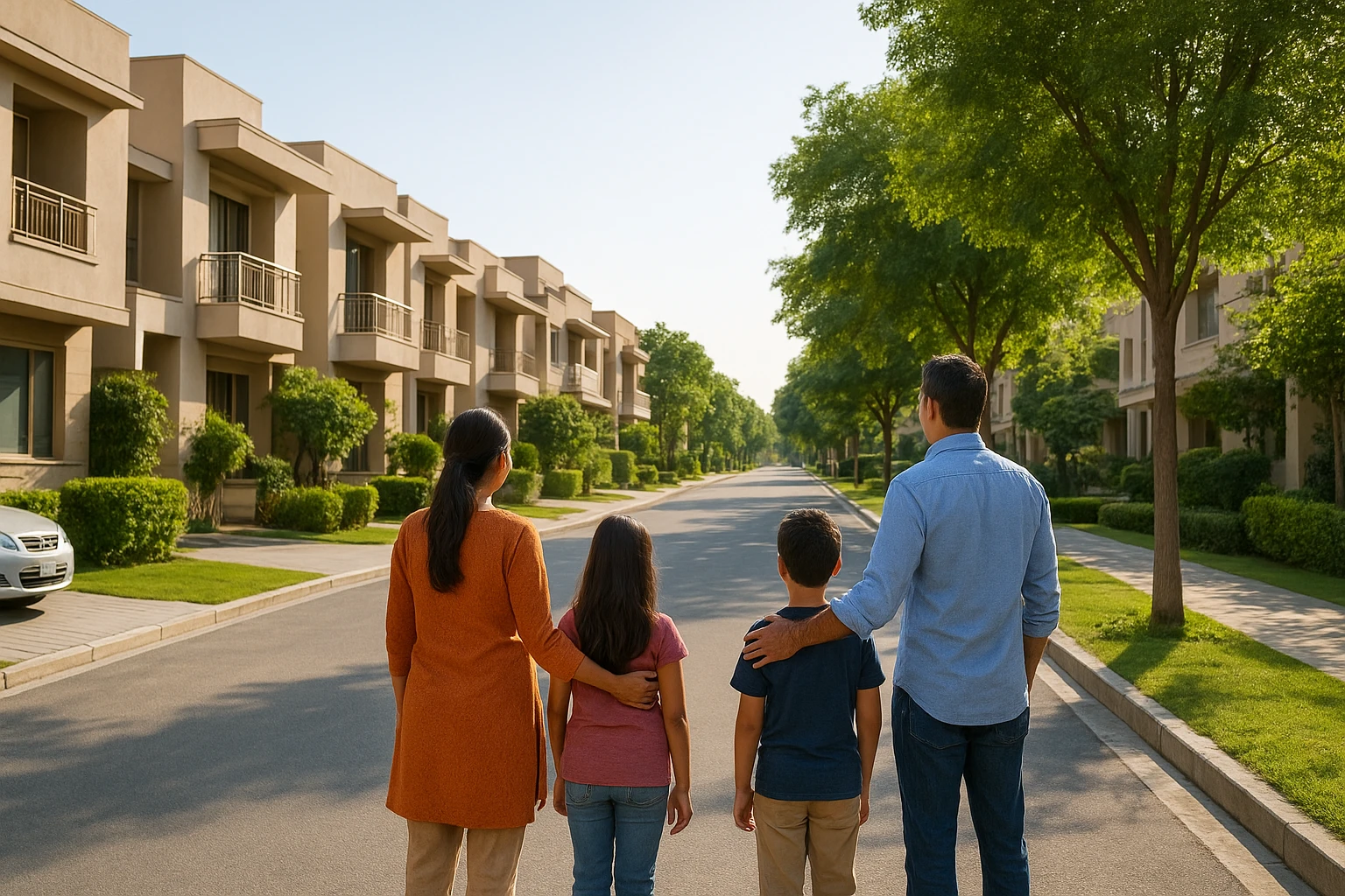A family inspects a quiet tree-lined Gurgaon street