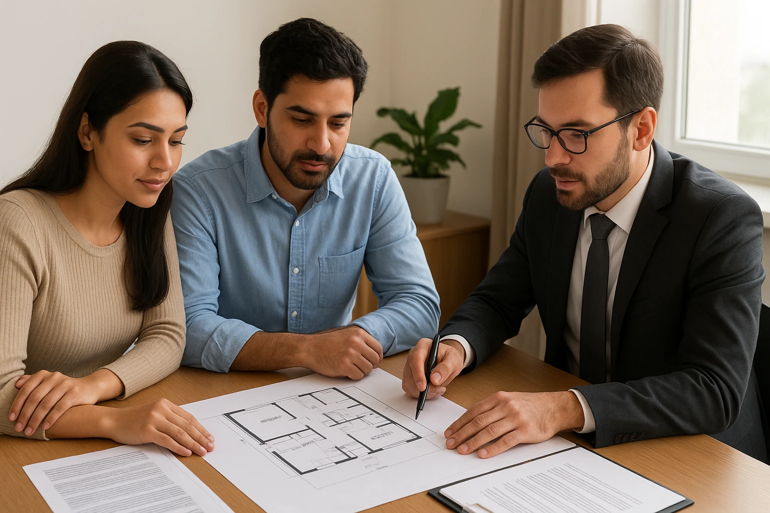 Family reviewing floor plan with lawyer