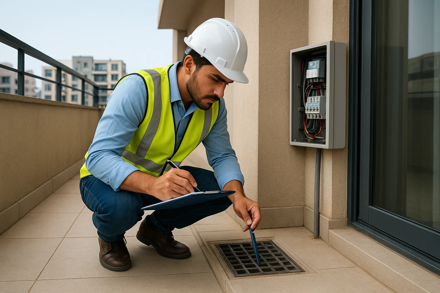 Inspector testing terrace drain and electrical panel