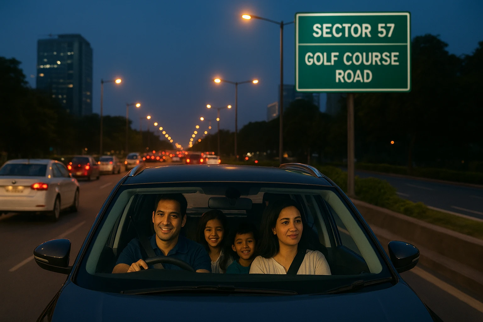 Family car navigating evening traffic on Golf Course Road