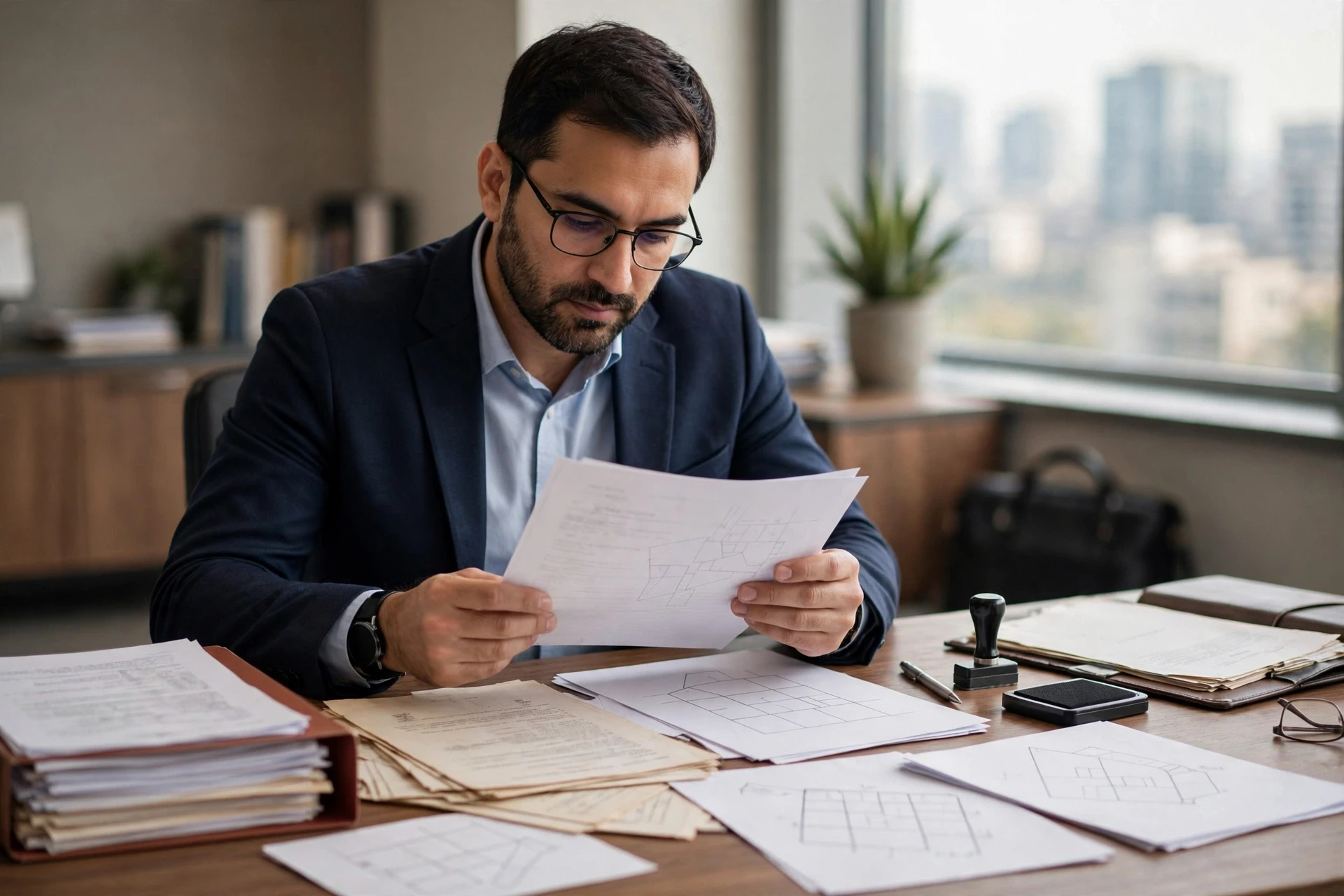 A lawyer examining property title documents at a desk