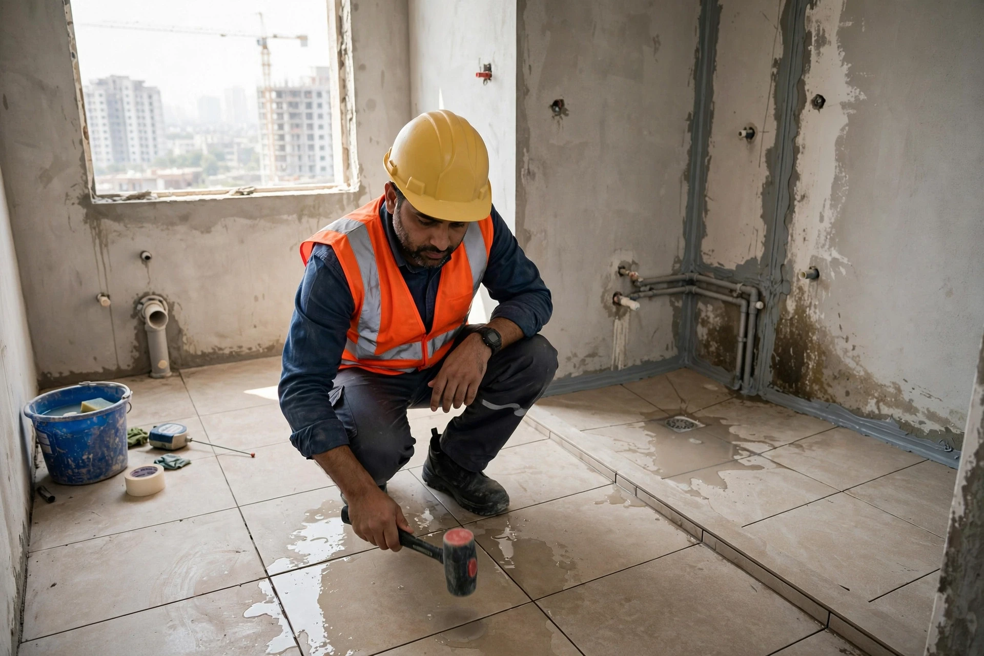 Inspector tapping bathroom floor tiles with mallet
