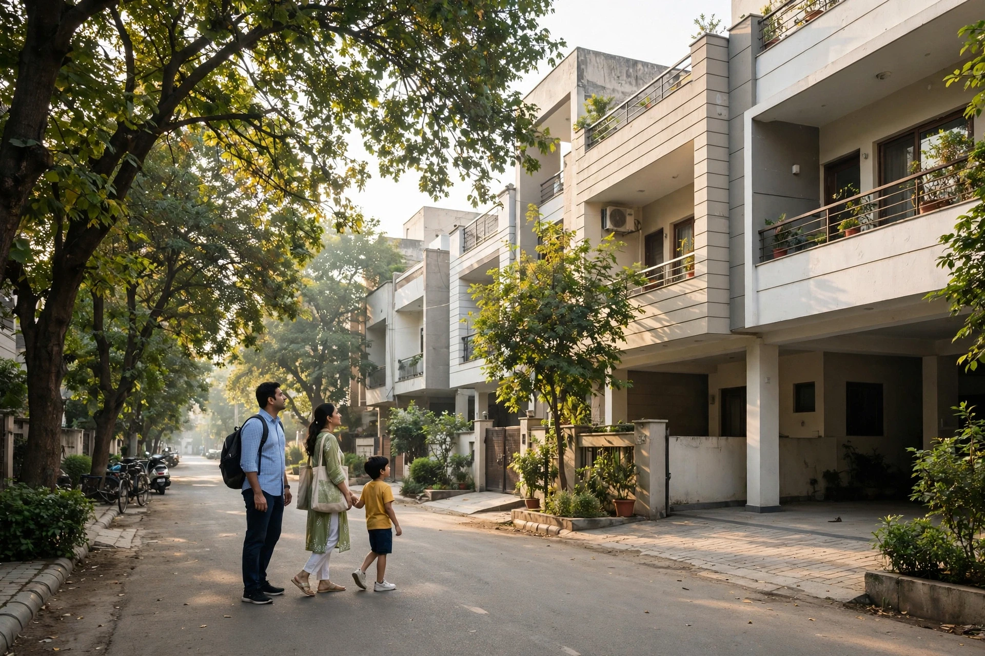 Family inspecting leafy low-rise Gurugram street