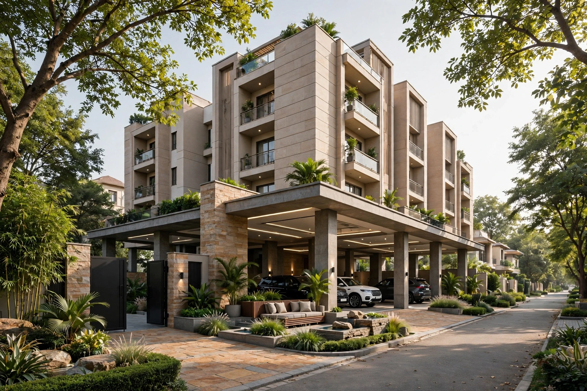Gated low-rise entrance with landscaped stilt courtyard