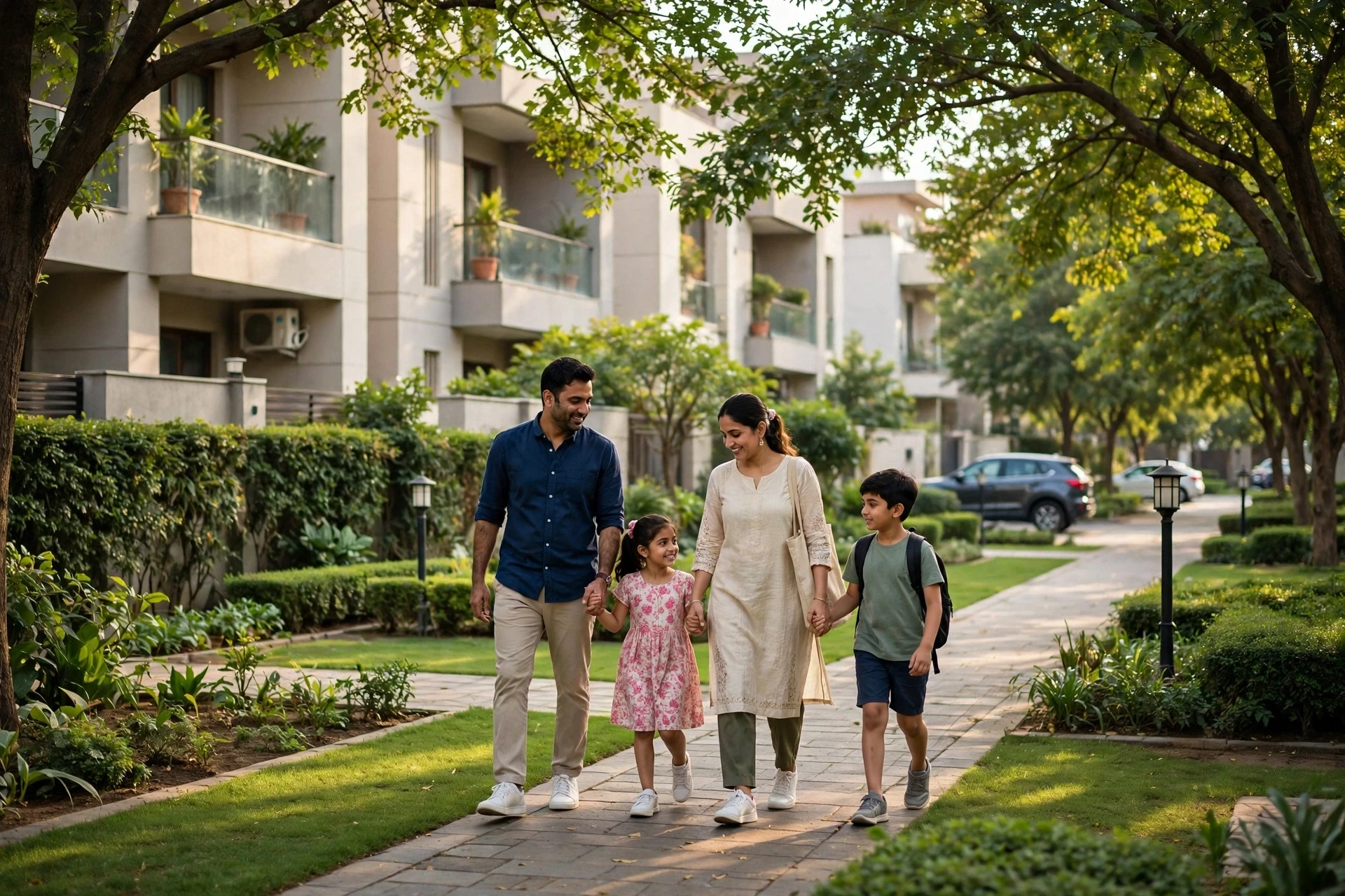 Family strolling past manicured lawns in Gurugram township