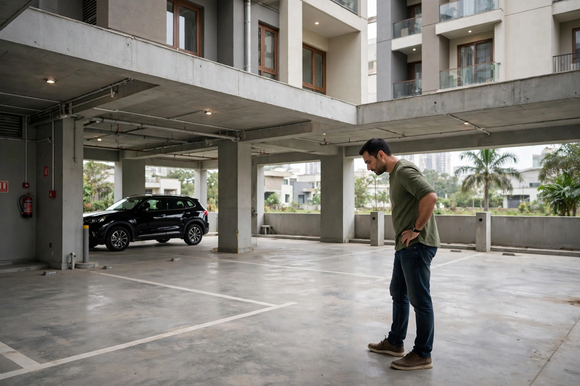 A buyer inspecting a covered stilt parking bay