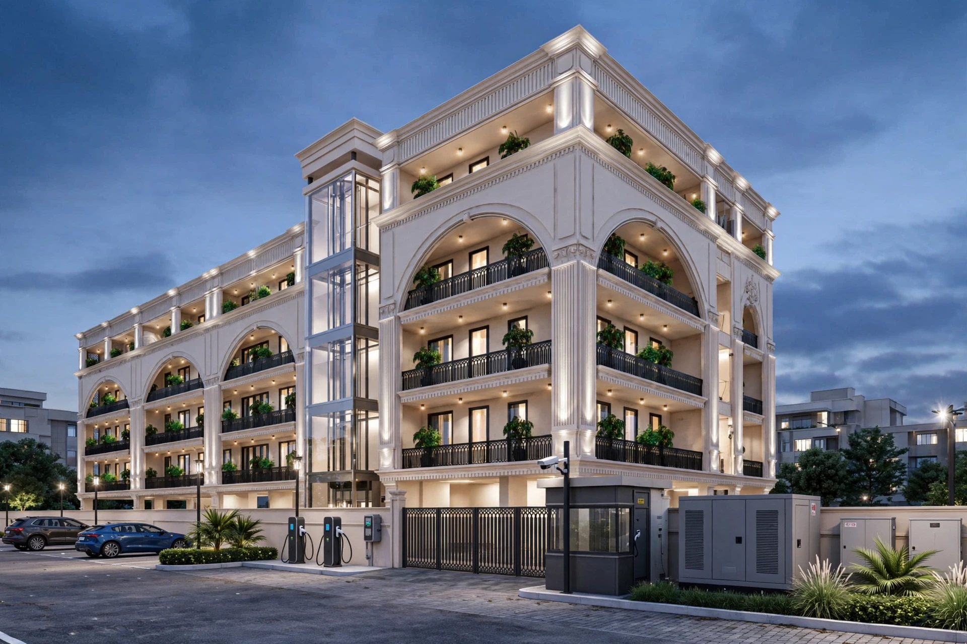 Low-rise builder floor with balconies at dusk