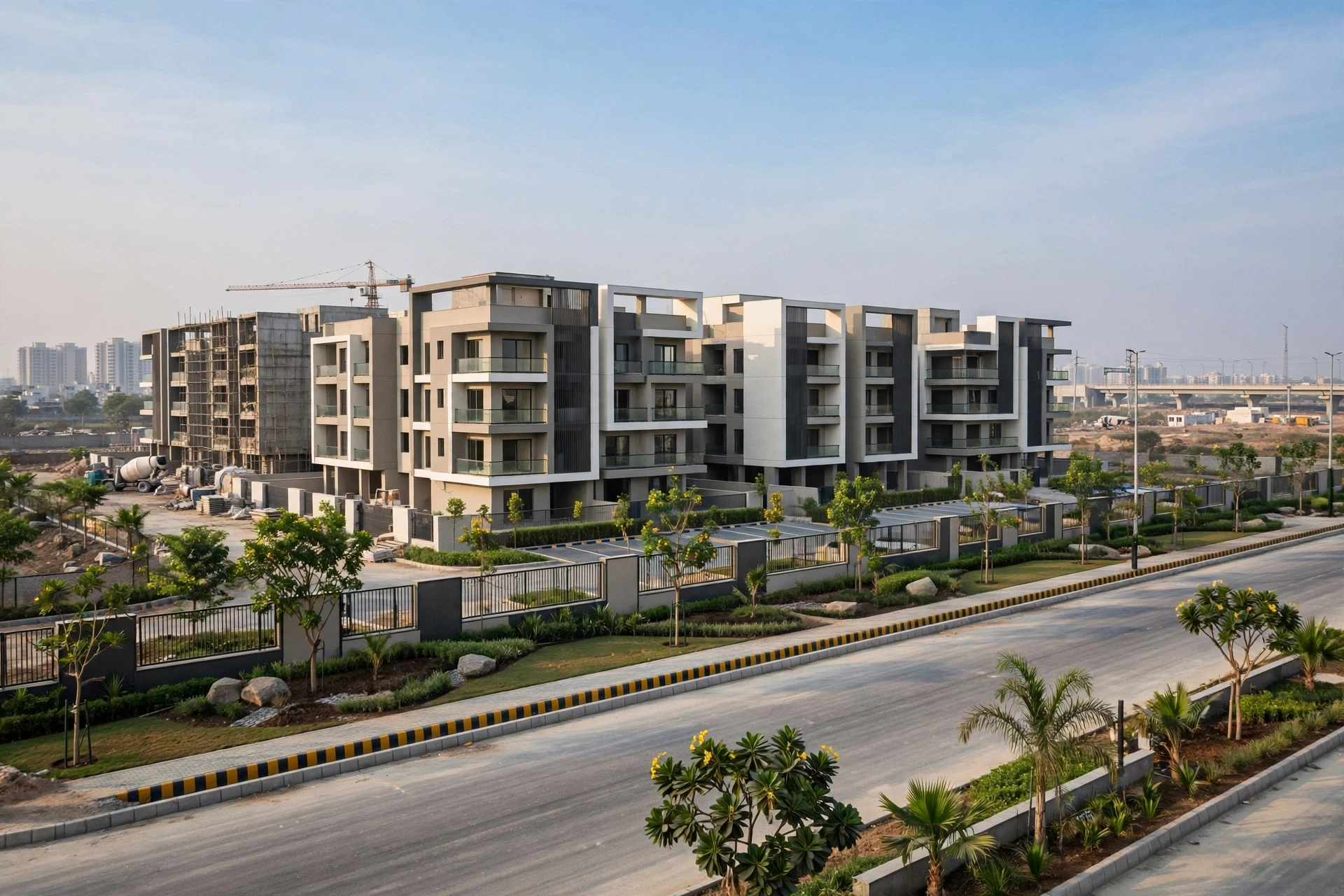 Modern low-rise residential block on landscaped Gurugram road