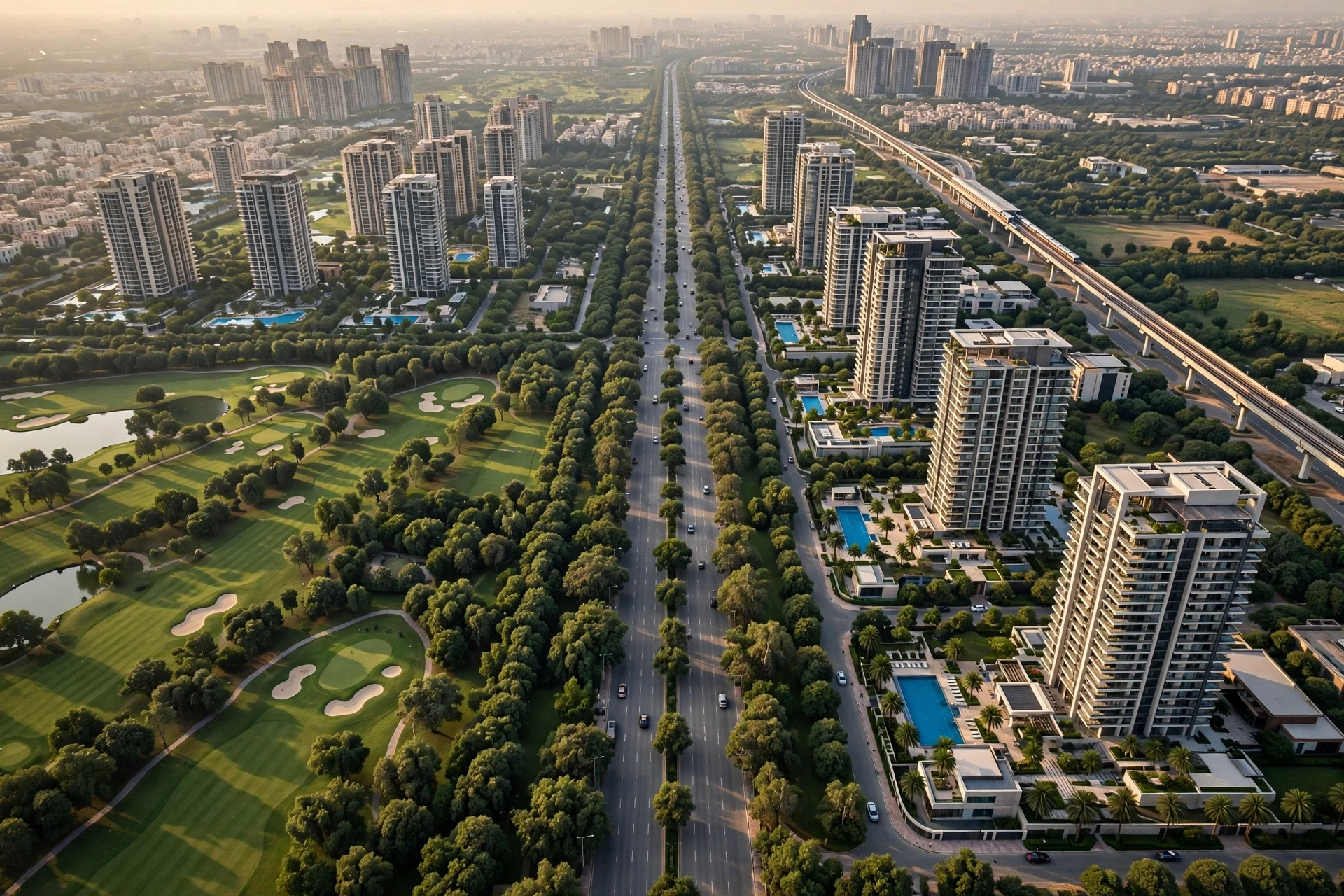 Aerial view of luxury towers lining Golf Course Road