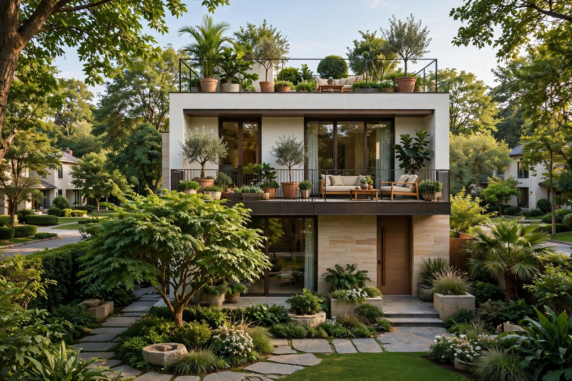 Low-rise luxury home with landscaped private terrace