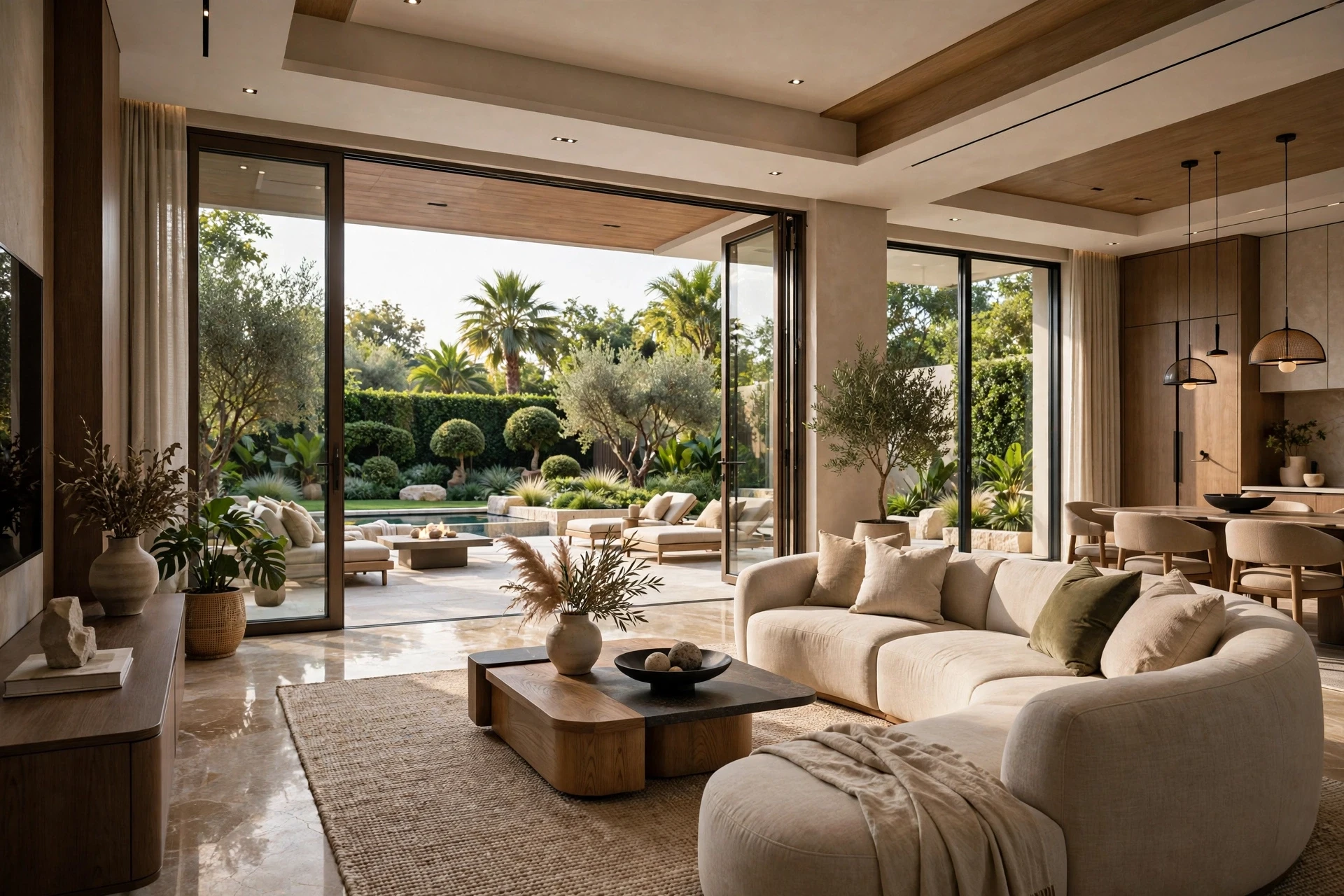 Sunlit luxury living room opening to private lawn