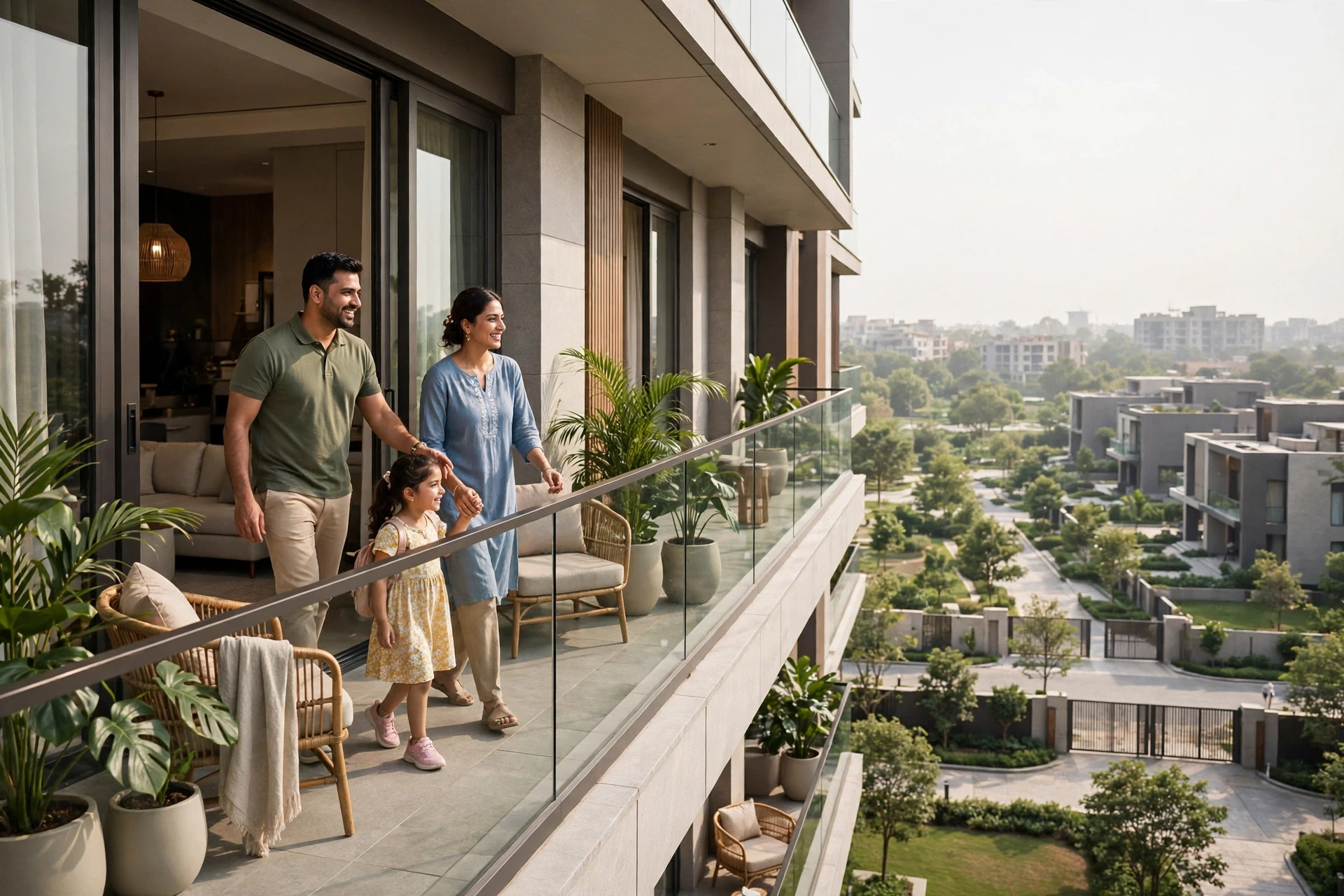 Family on balcony overlooking gated estate