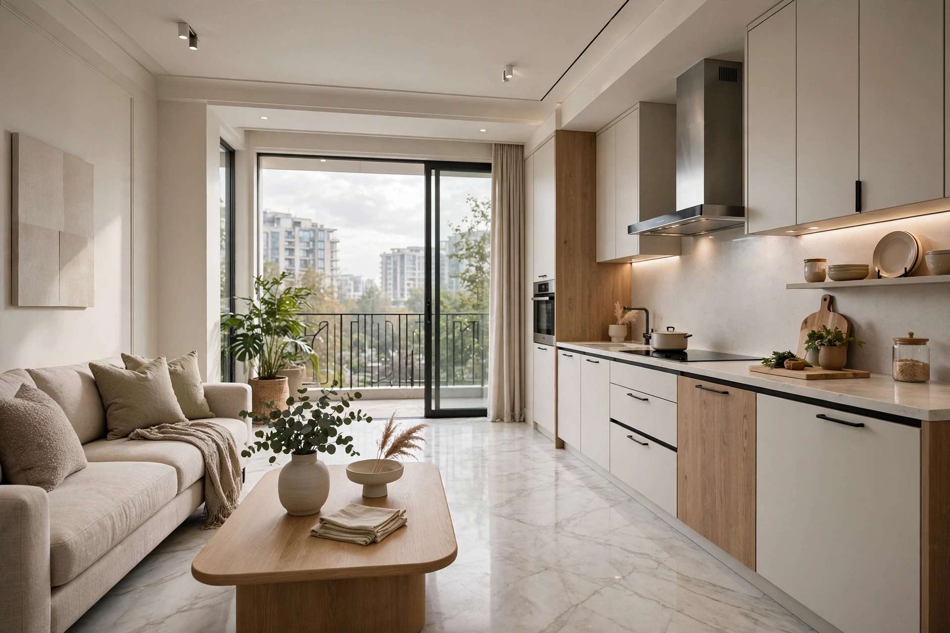 Sunlit marble living room with modular kitchen