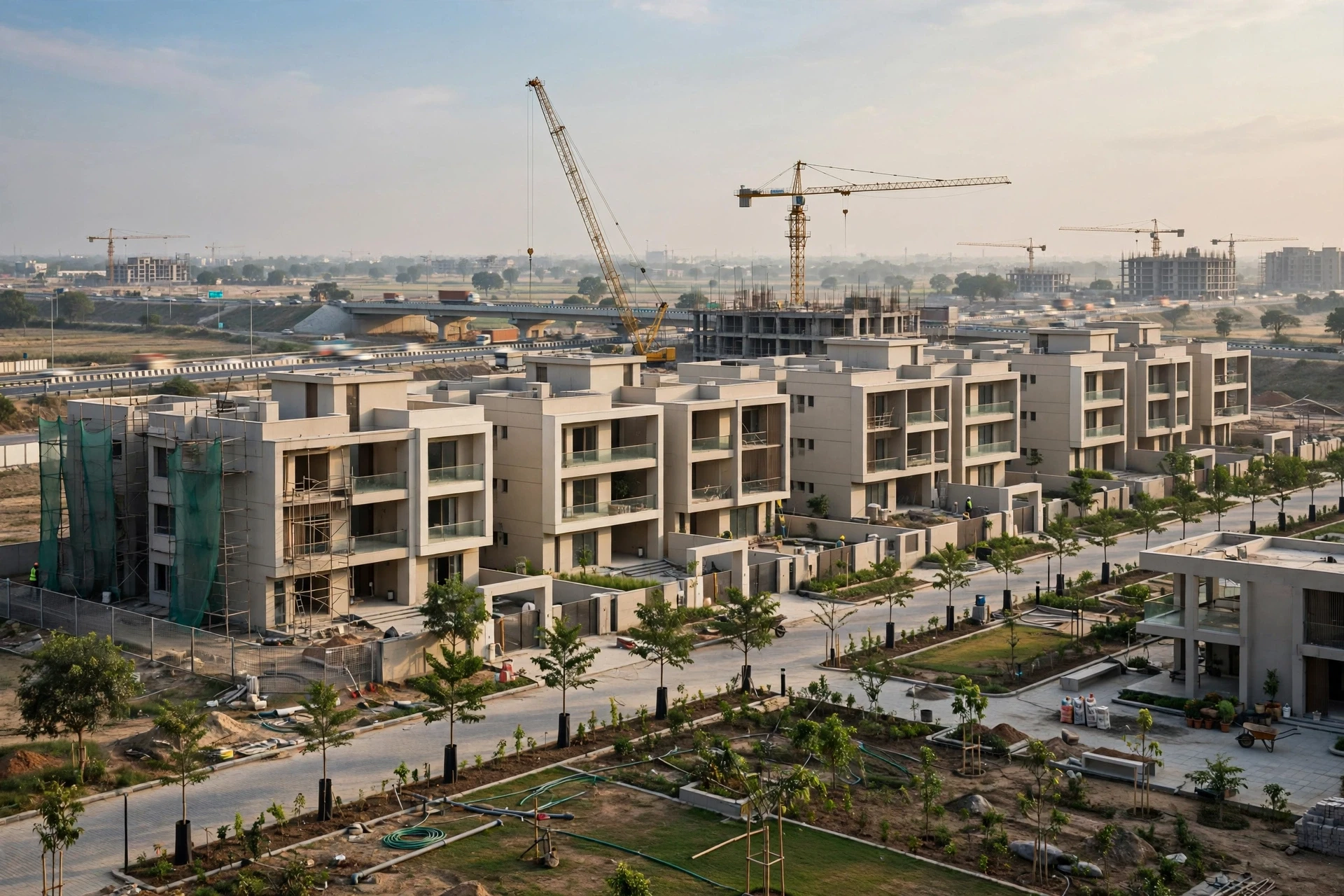 Wide low-rise towers beside construction cranes