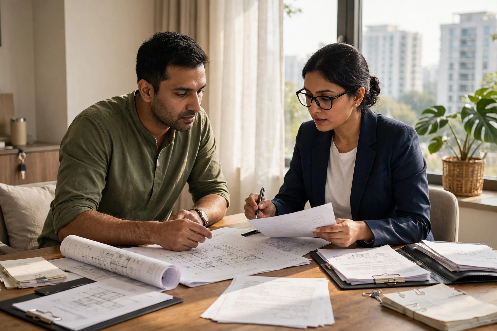 Buyer and lawyer reviewing property documents