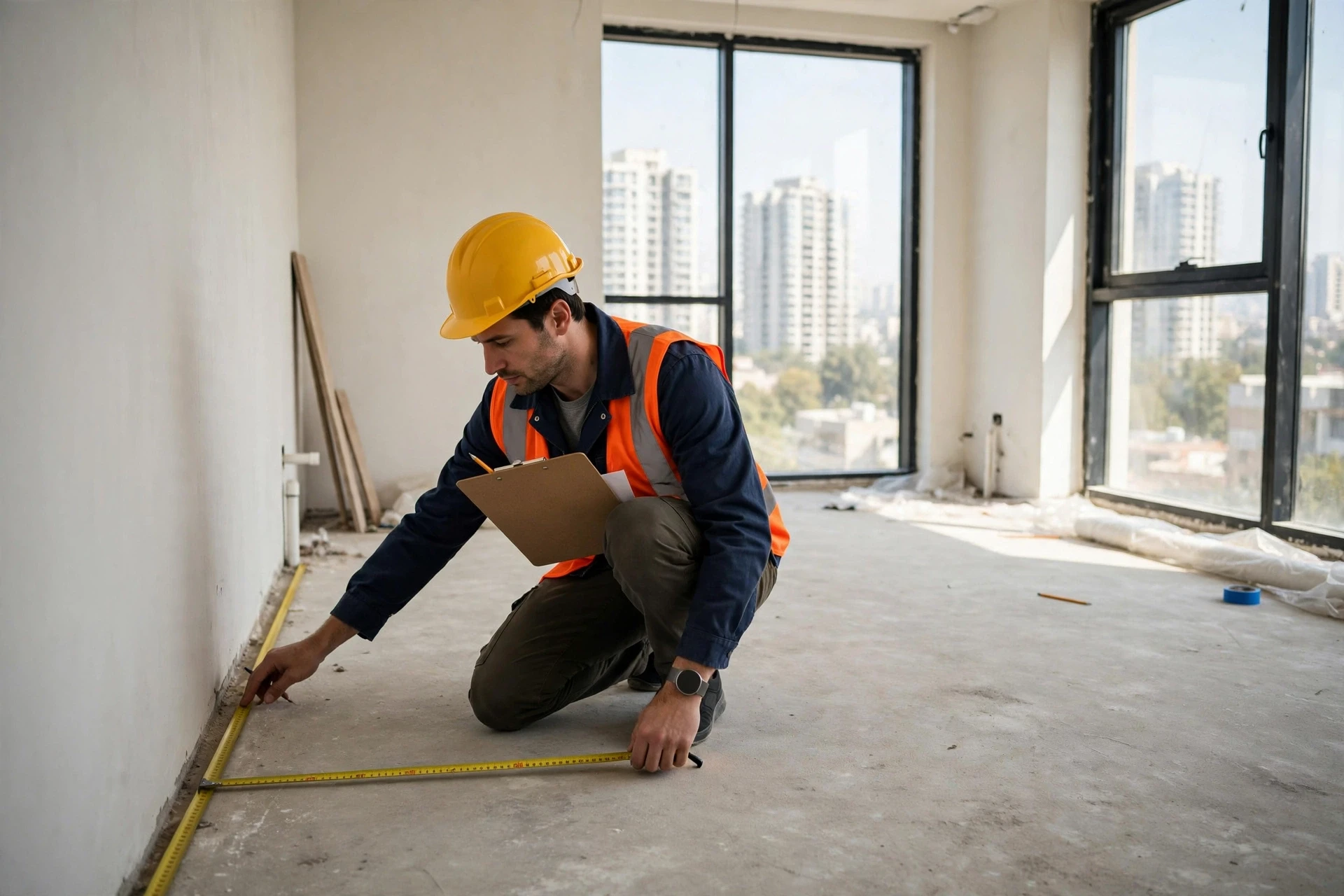 Architect measuring bright unfurnished Gurgaon floor