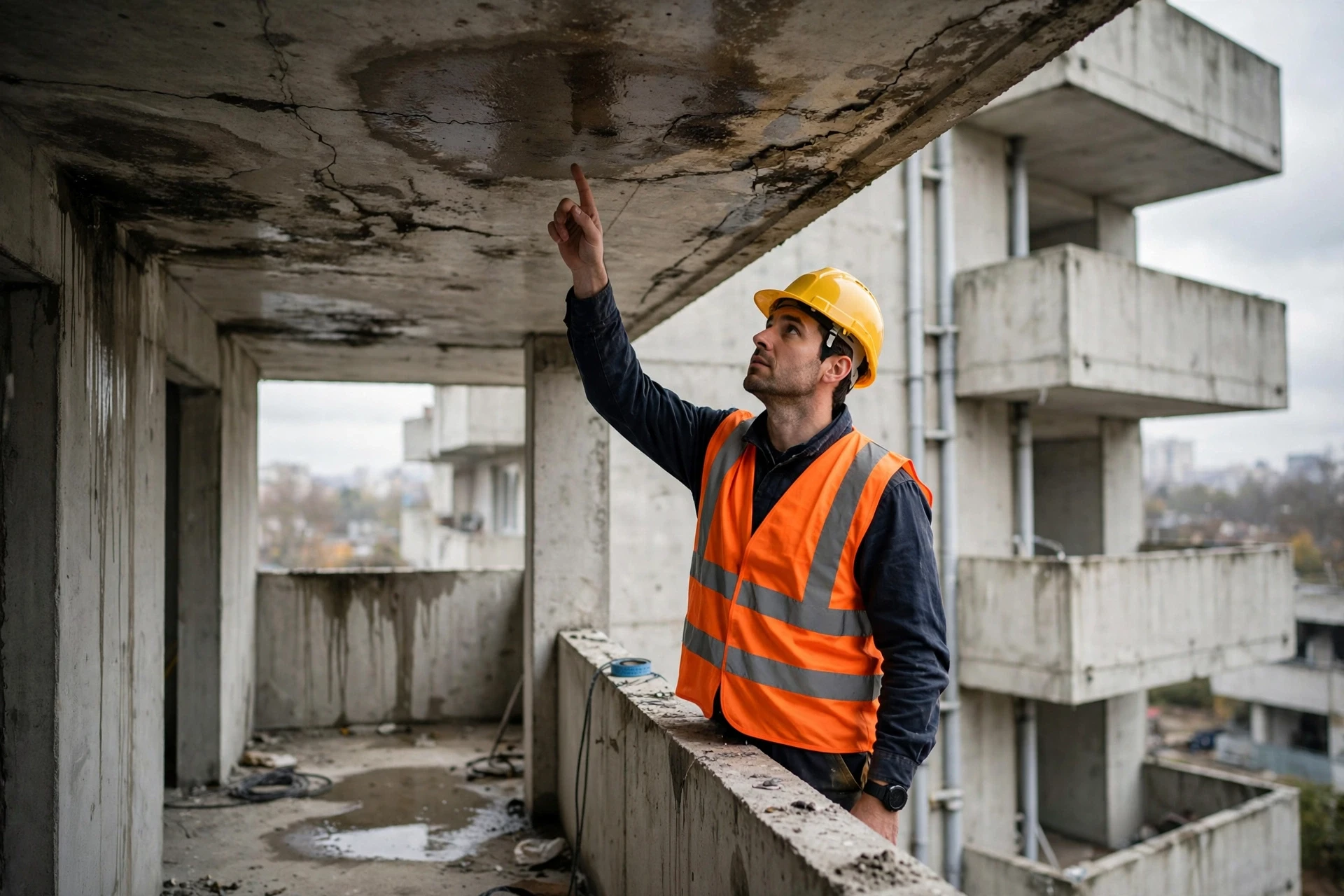 Builder inspecting damp concrete balcony ceiling