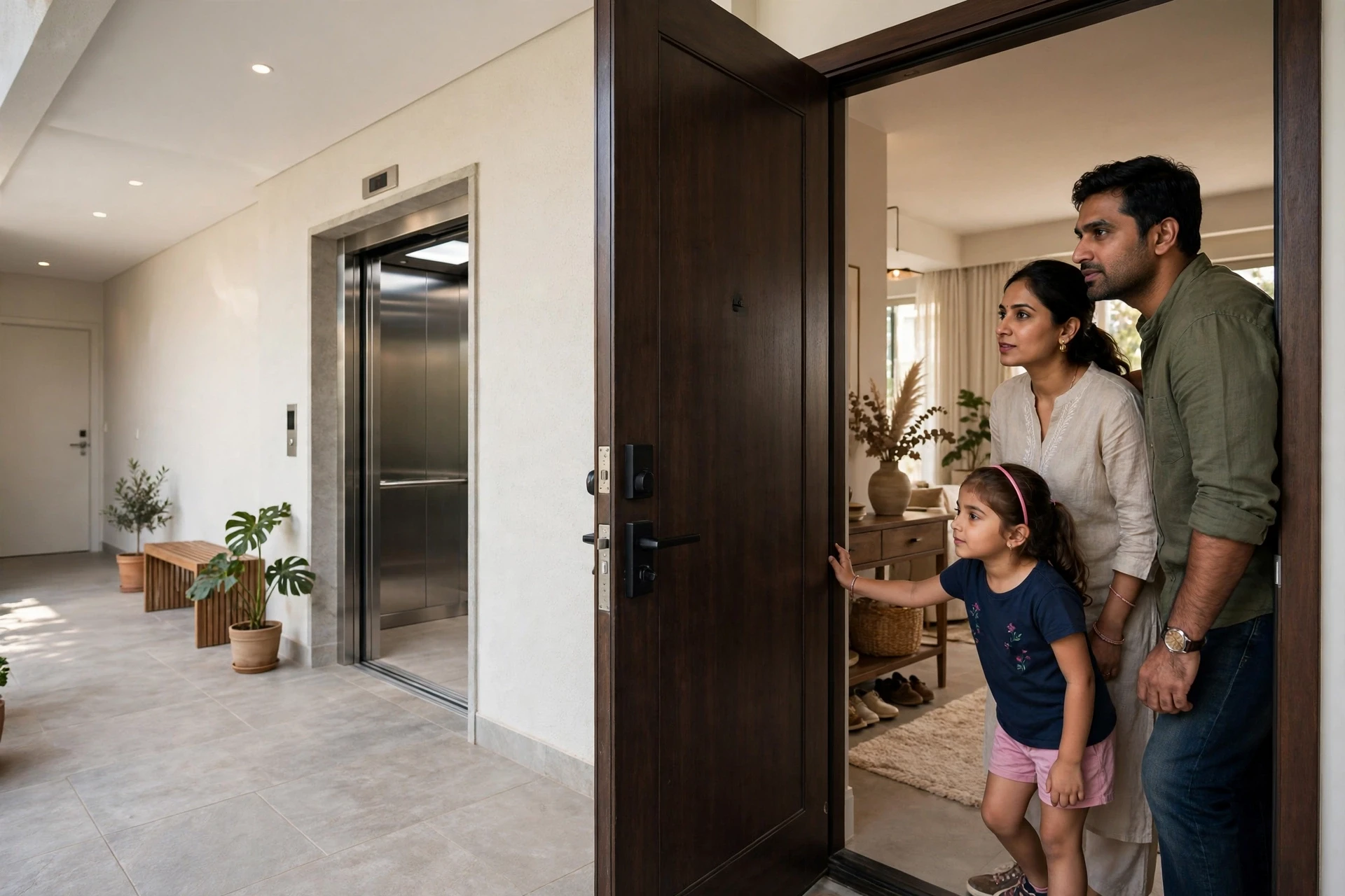 Family inspecting private lift lobby view