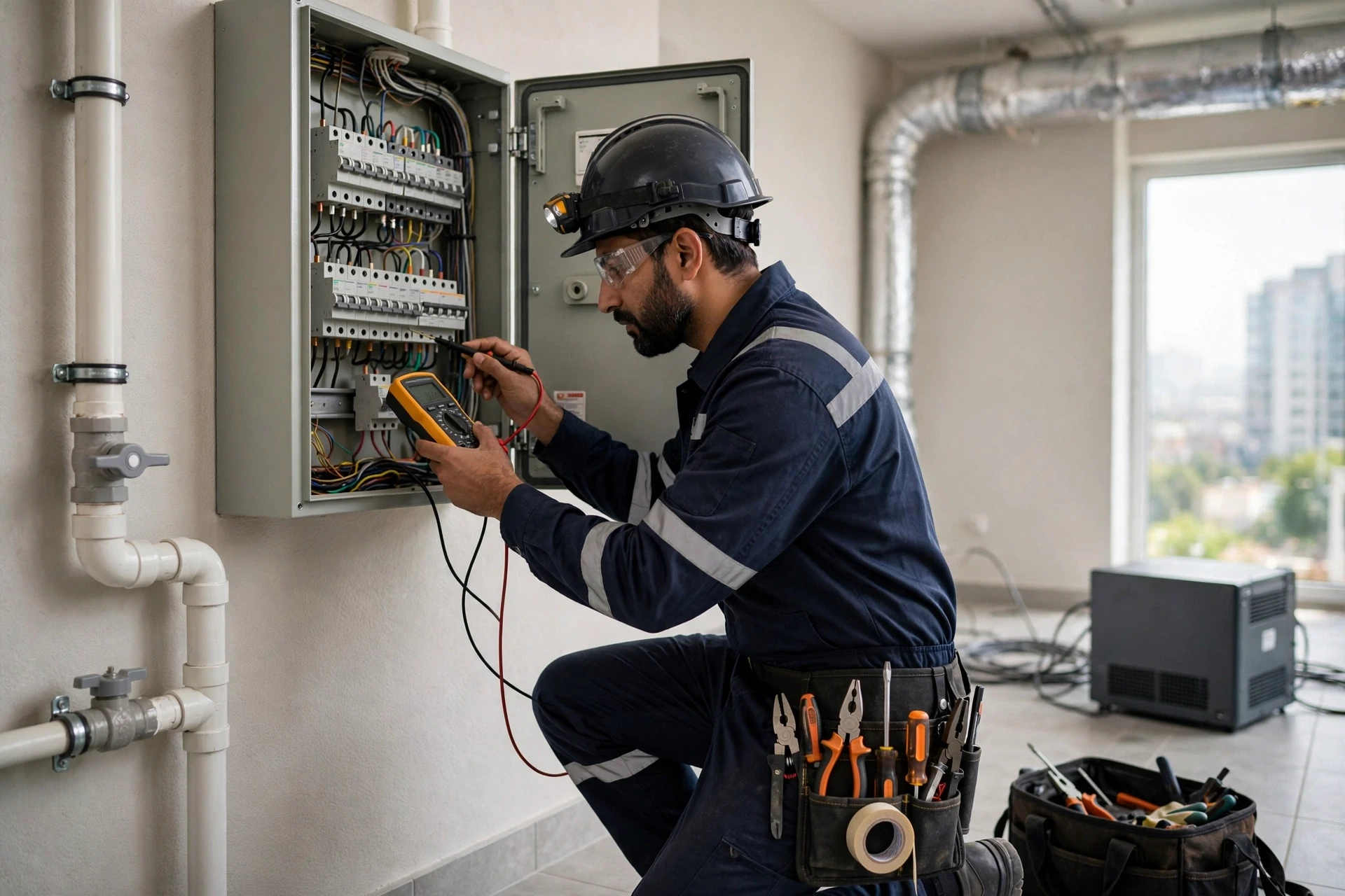 Electrician testing labeled circuits in distribution board