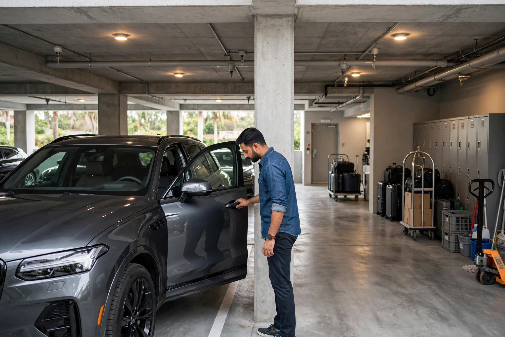 Luxury SUV in spacious stilt parking bay