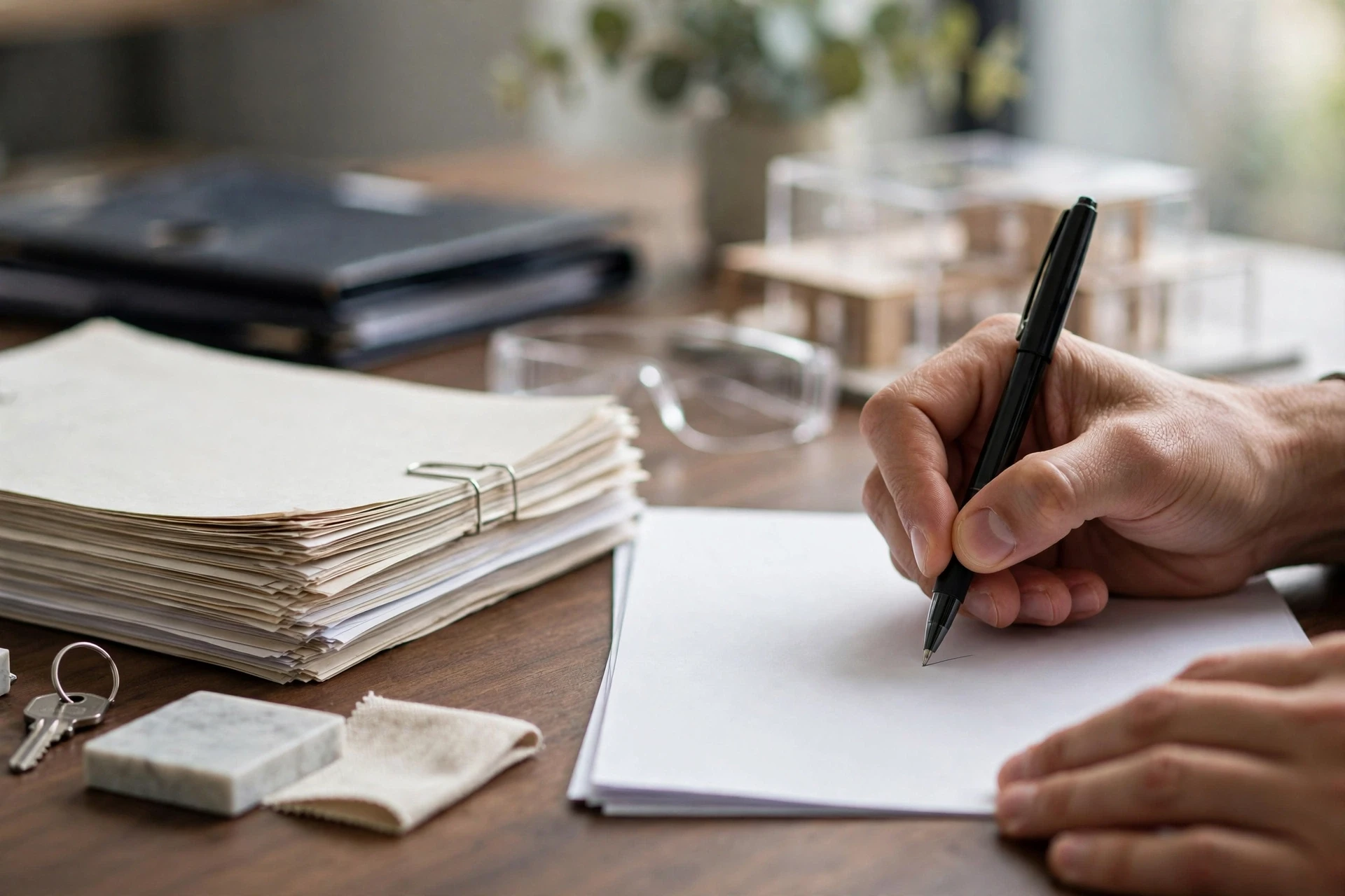 Signing specification sheet beside stacked contracts