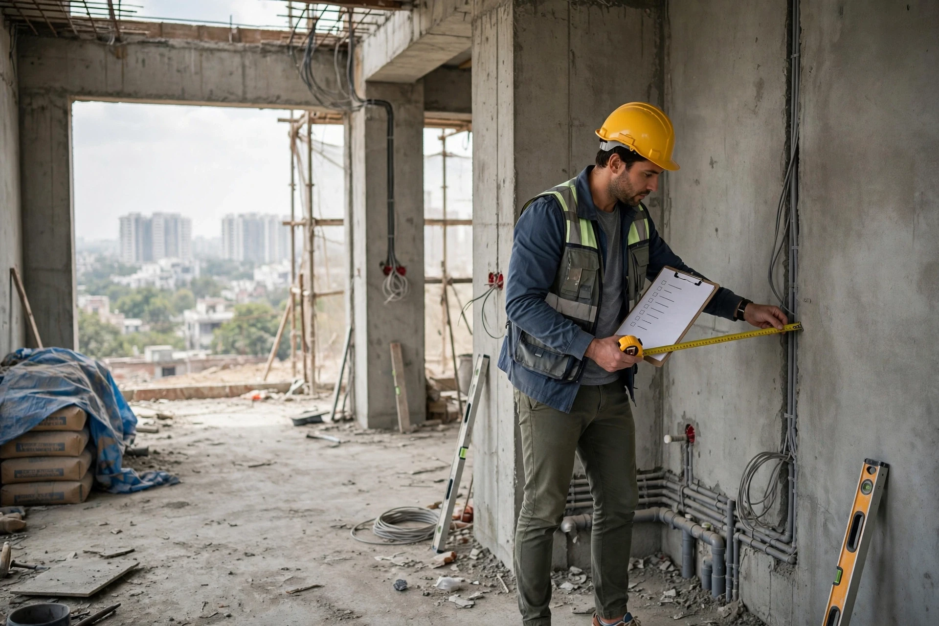 Buyer inspecting unfinished concrete builder floor
